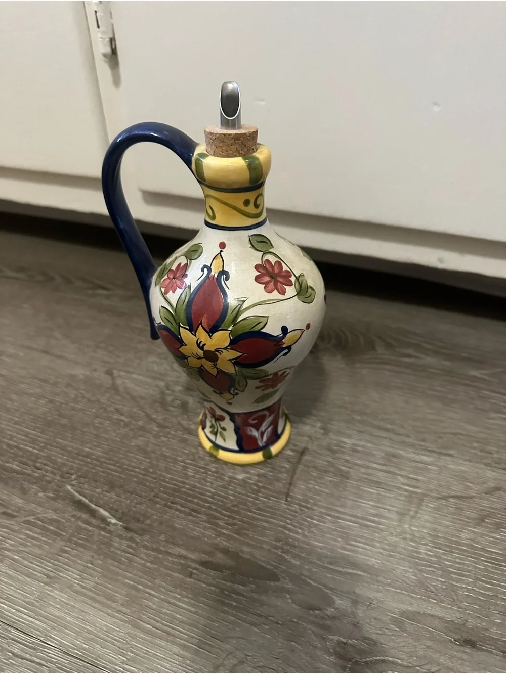 Pier 1 Multicolor Floral Ceramic Oil Cruet with Blue Handle